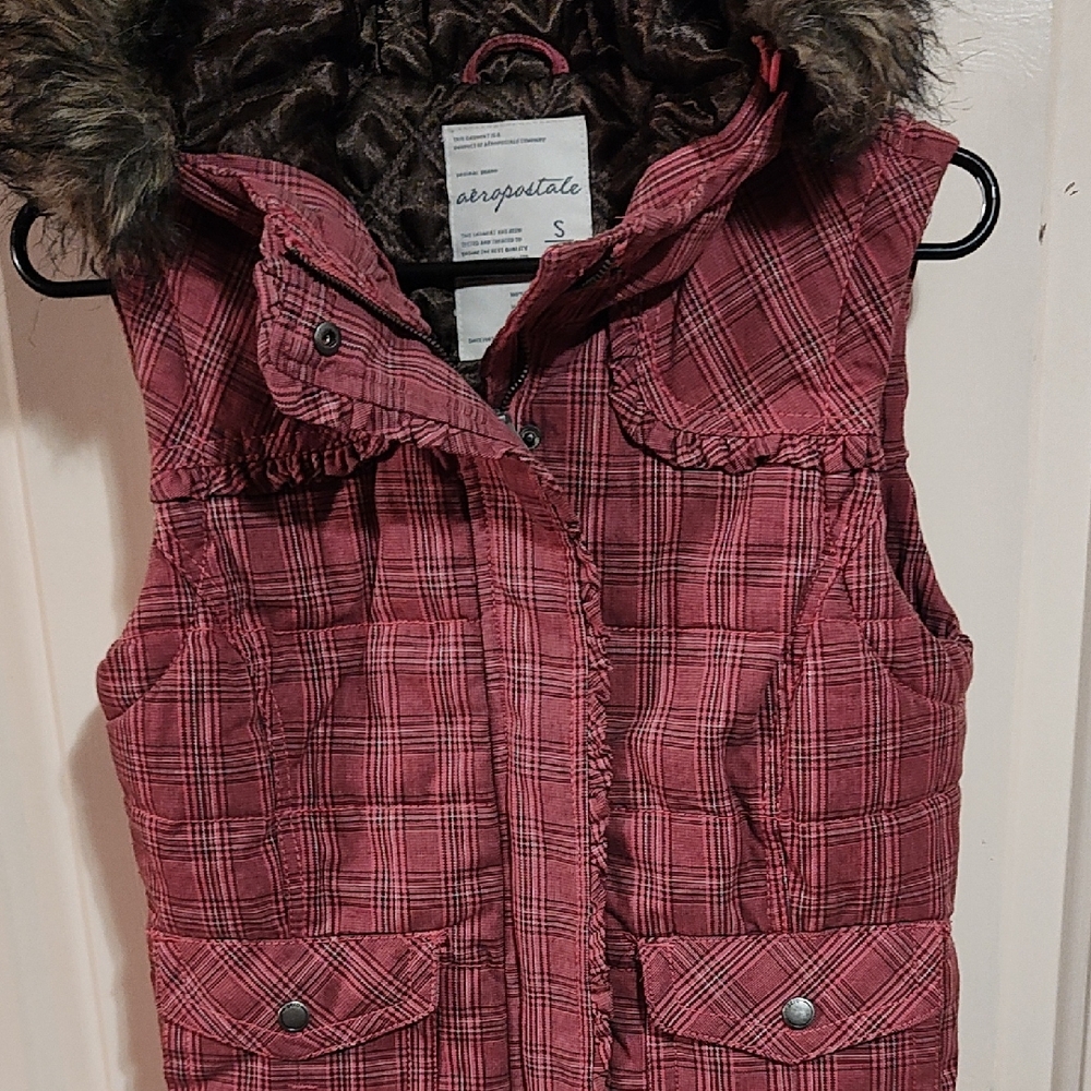 Aeropostale Kids Red Plaid Vest with Faux Fur Hood